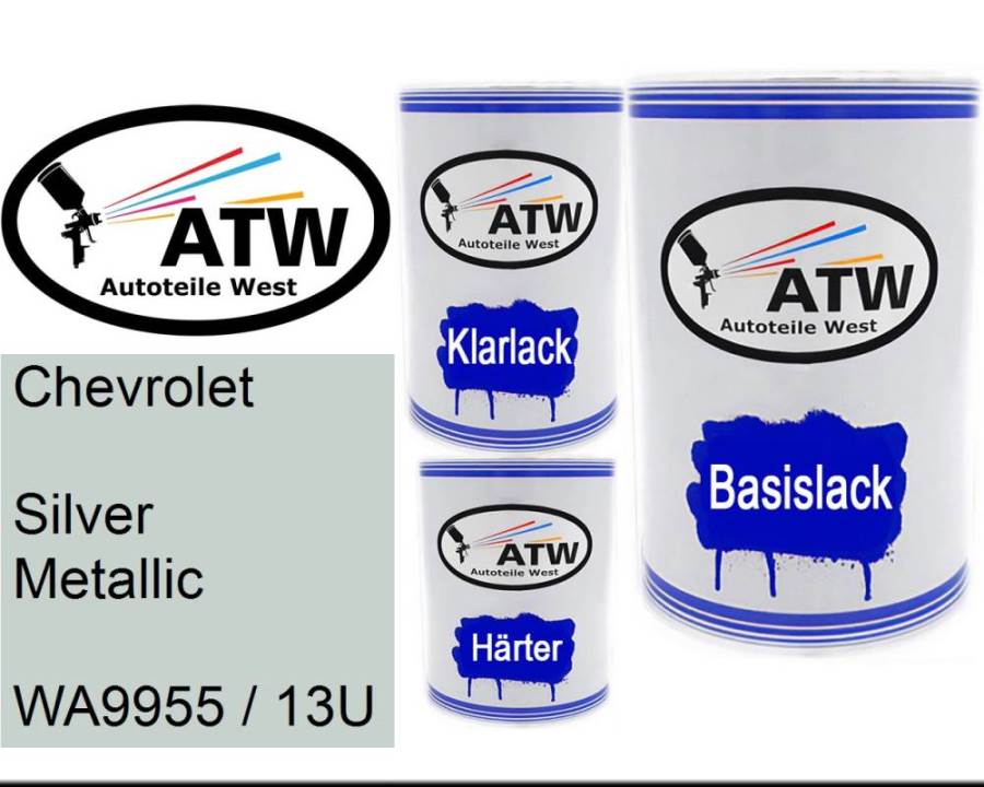 Chevrolet, Silver Metallic, WA9955 / 13U: 500ml Lackdose + 500ml Klarlack + 250ml Härter - Set, von ATW Autoteile West.